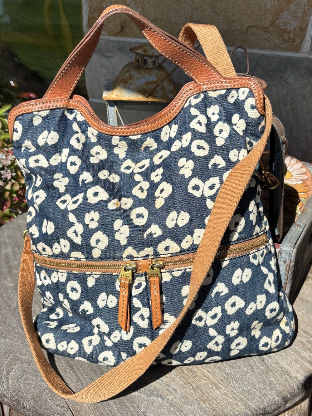 Fossil Canvas Leopard-Print Crossbody Tote in Navy and Cream